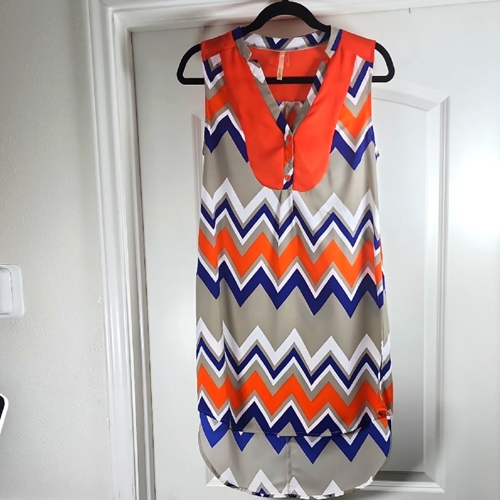 Poema Women Orange And Blue Graphic Sleeveless Tunic Dress Size S